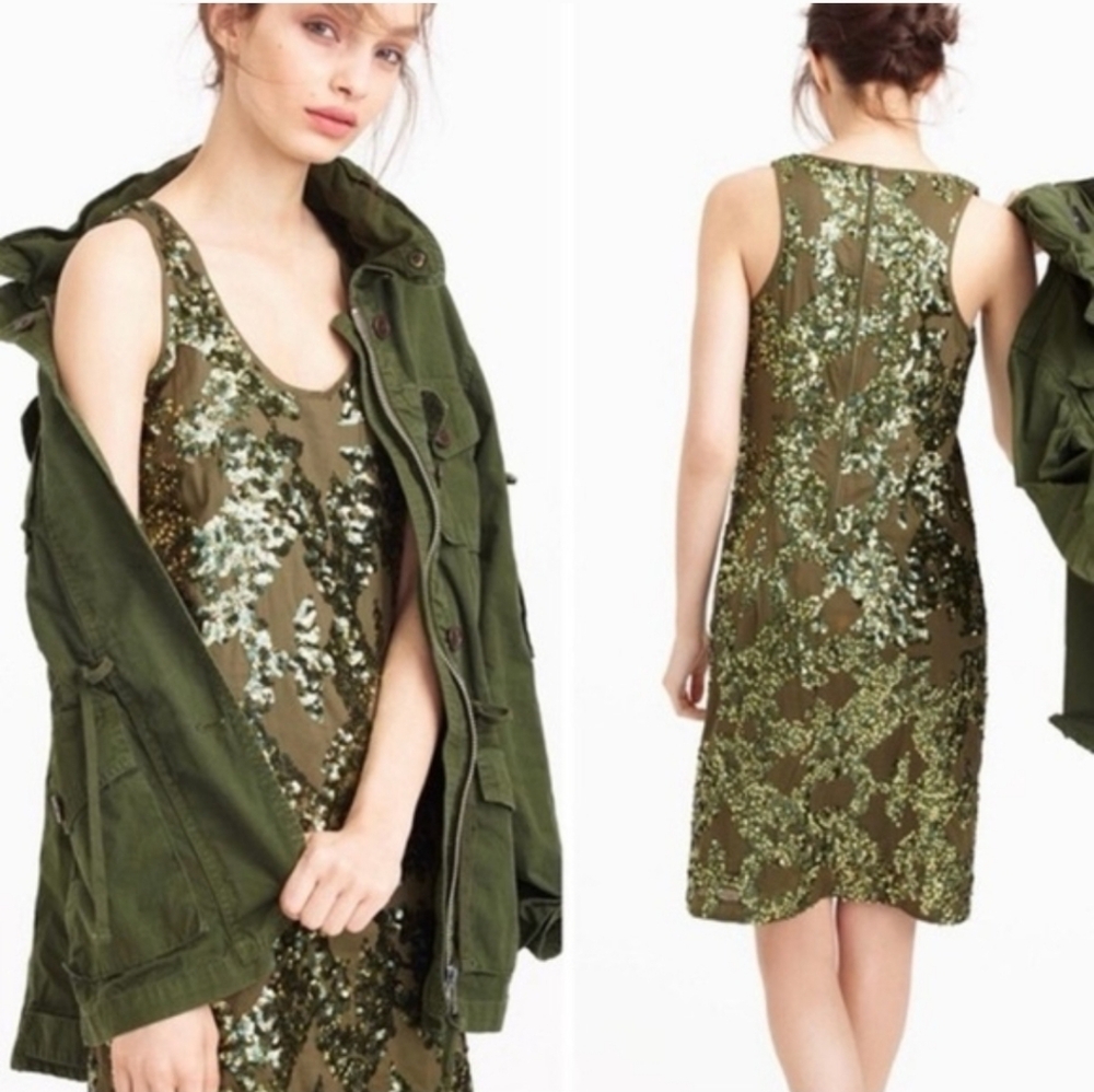 J. Crew Olive Sequin Sleeveless Scoop Neck Mini Shift Sheath Dress Womens 2 EUC